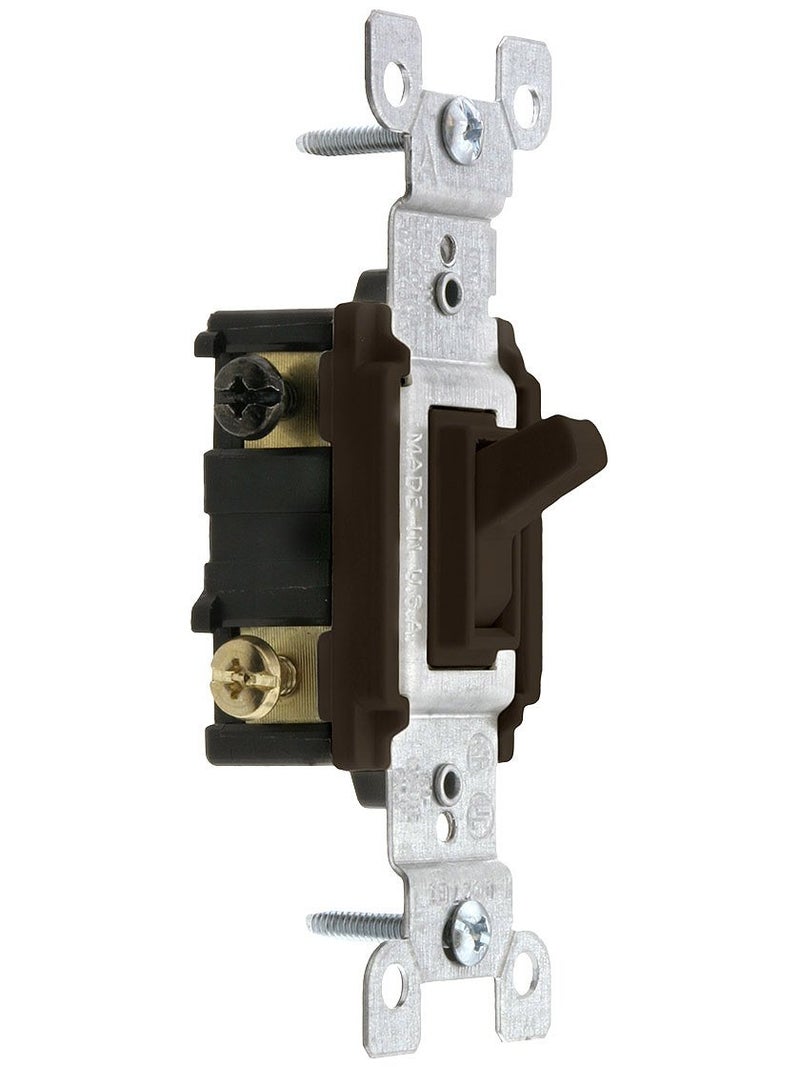 15 Amp, 120 Volt, Toggle Framed 3-Way AC Quiet Switch, Residential Grade, Grounding, Quickwire Push-In & Side Wired, 1453-2, Brown