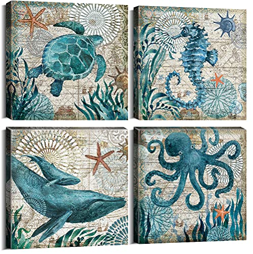 YOOOAHU Bathroom Wall Art Beach Decor Ocean Sea Turtle Octopus Canvas Pictures Coastal Room Decor Teal Bathroom Accessories Vintage Whale Seahorse Poster Modern Nautical Painting Bedroom Home Decorations