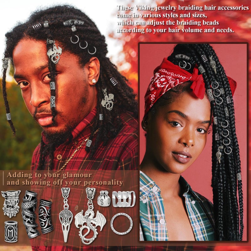 Fscwlmon 215 Pcs Viking Dreadlock Accessories Hair Charms Norse Runes Tube Beads Metal Clips Cuffs Rings Vikings Jewelry For Women Bracelets Pendant Necklace DIY Braid Accessories Silvery - Image 5