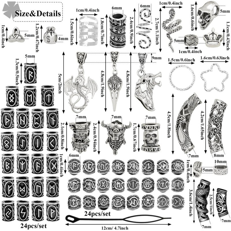 Fscwlmon 215 Pcs Viking Dreadlock Accessories Hair Charms Norse Runes Tube Beads Metal Clips Cuffs Rings Vikings Jewelry For Women Bracelets Pendant Necklace DIY Braid Accessories Silvery - Image 4