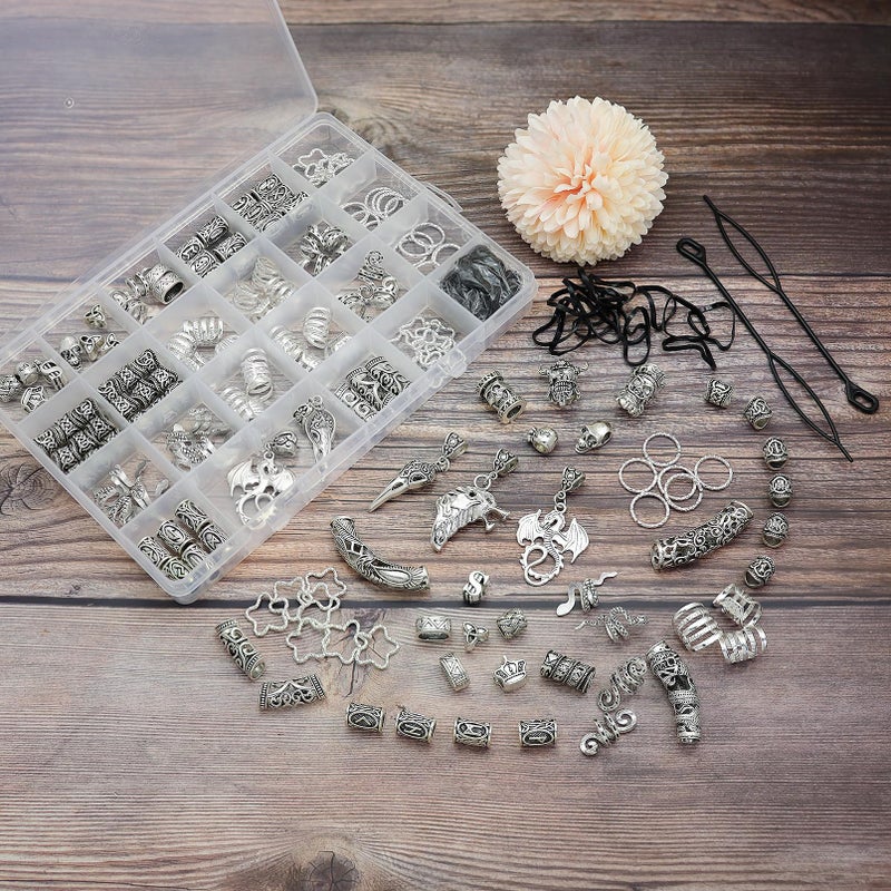Fscwlmon 215 Pcs Viking Dreadlock Accessories Hair Charms Norse Runes Tube Beads Metal Clips Cuffs Rings Vikings Jewelry For Women Bracelets Pendant Necklace DIY Braid Accessories Silvery - Image 2