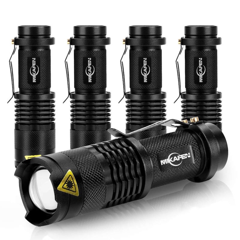 MIKAFEN 5 Pack Mini Flashlights LED Flashlight 300lm Adjustable Focus Zoomable Light Black
