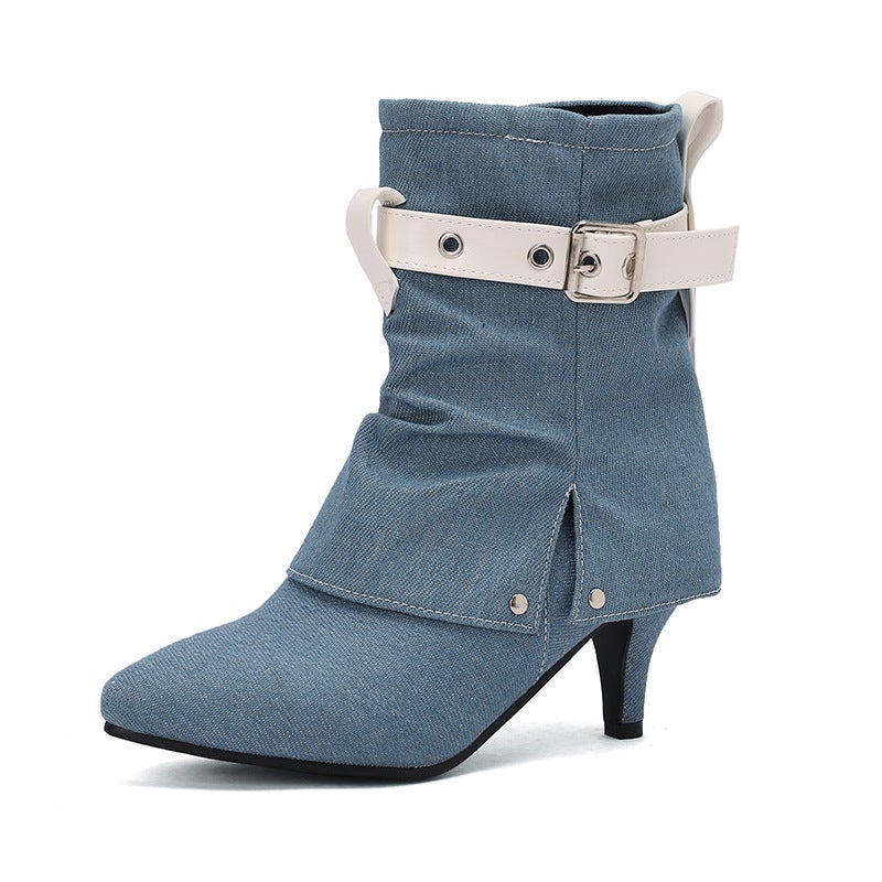 Wish Fashion Thin High Heel Women'S Boots 33-48 Belt Buckle Pointed Short Boots - Image 1
