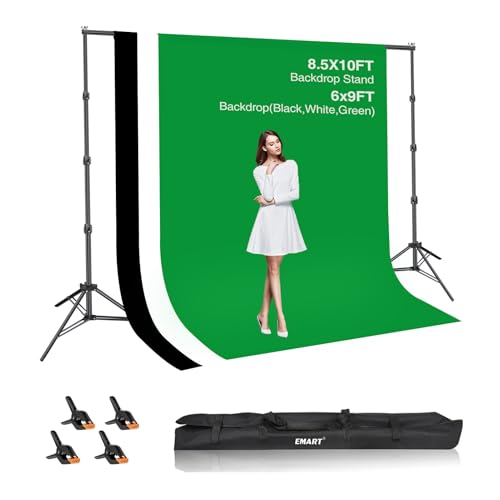 EMART 85x10ft Green Screen Backdrop Kit with 6x9ft Polyester BackdropBlackWhiteGreen Adjustable Photography Background Support System for Studio Photography Parties Wedding Video Shooting - Image 1