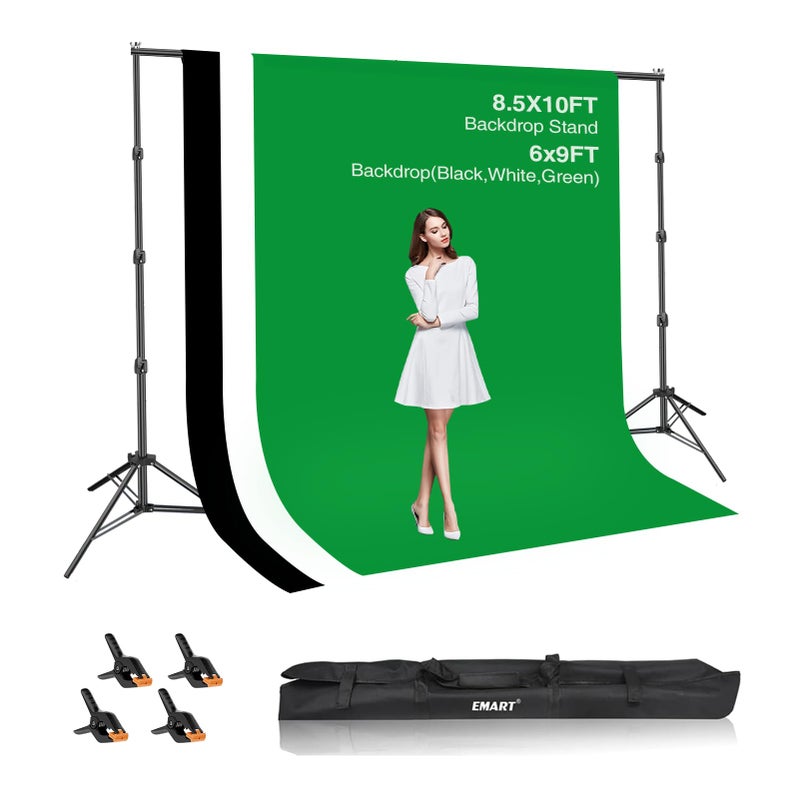 EMART 85x10ft Green Screen Backdrop Kit with 6x9ft Polyester BackdropBlackWhiteGreen Adjustable Photography Background Support System for Studio Photography Parties Wedding Video Shooting - Image 2