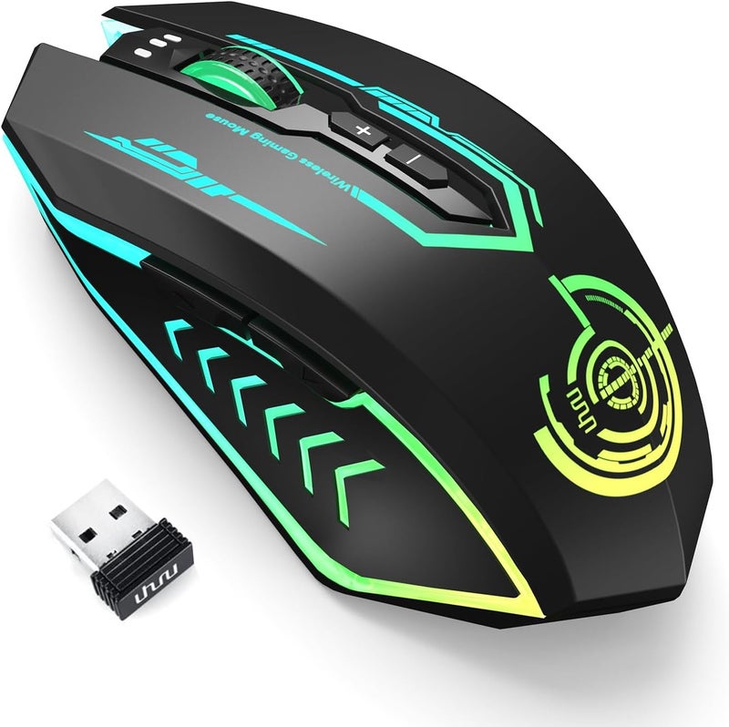 UHURU Wireless Gaming Mouse Up to 12000 DPI, Rechargeable USB-C Wireless Mouse with 7 Buttons 7 Dynamic LED Color Ergonomic Programmable MMO RPG for PC Laptop, Compatible with Windows Mac - Image 1