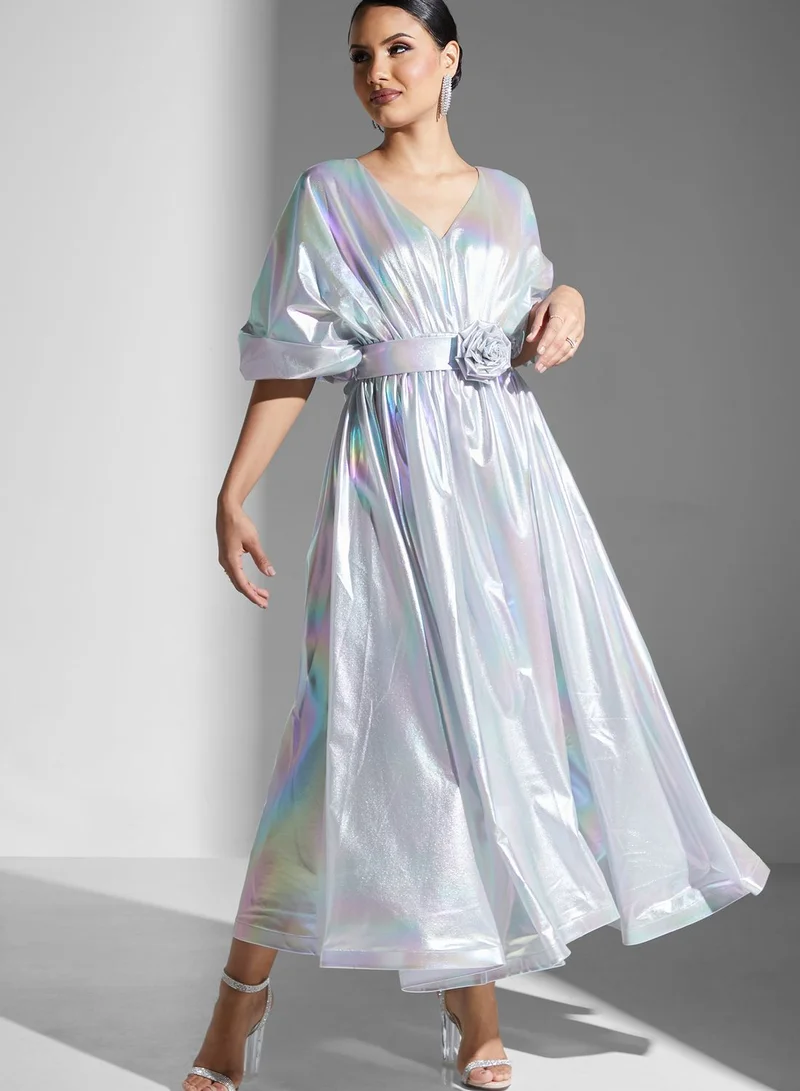 Golden Apple Floral Belted Cape Sleeve Dress