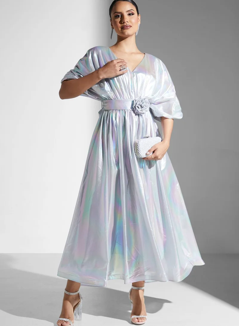 Golden Apple Floral Belted Cape Sleeve Dress