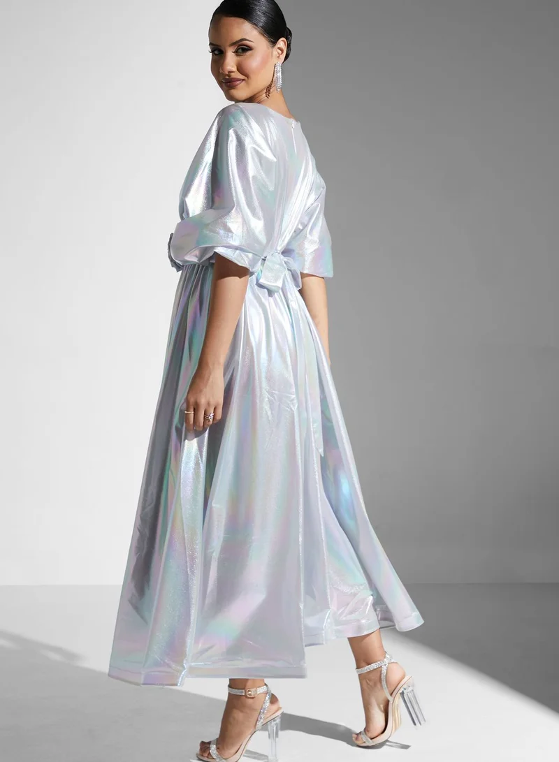 Golden Apple Floral Belted Cape Sleeve Dress