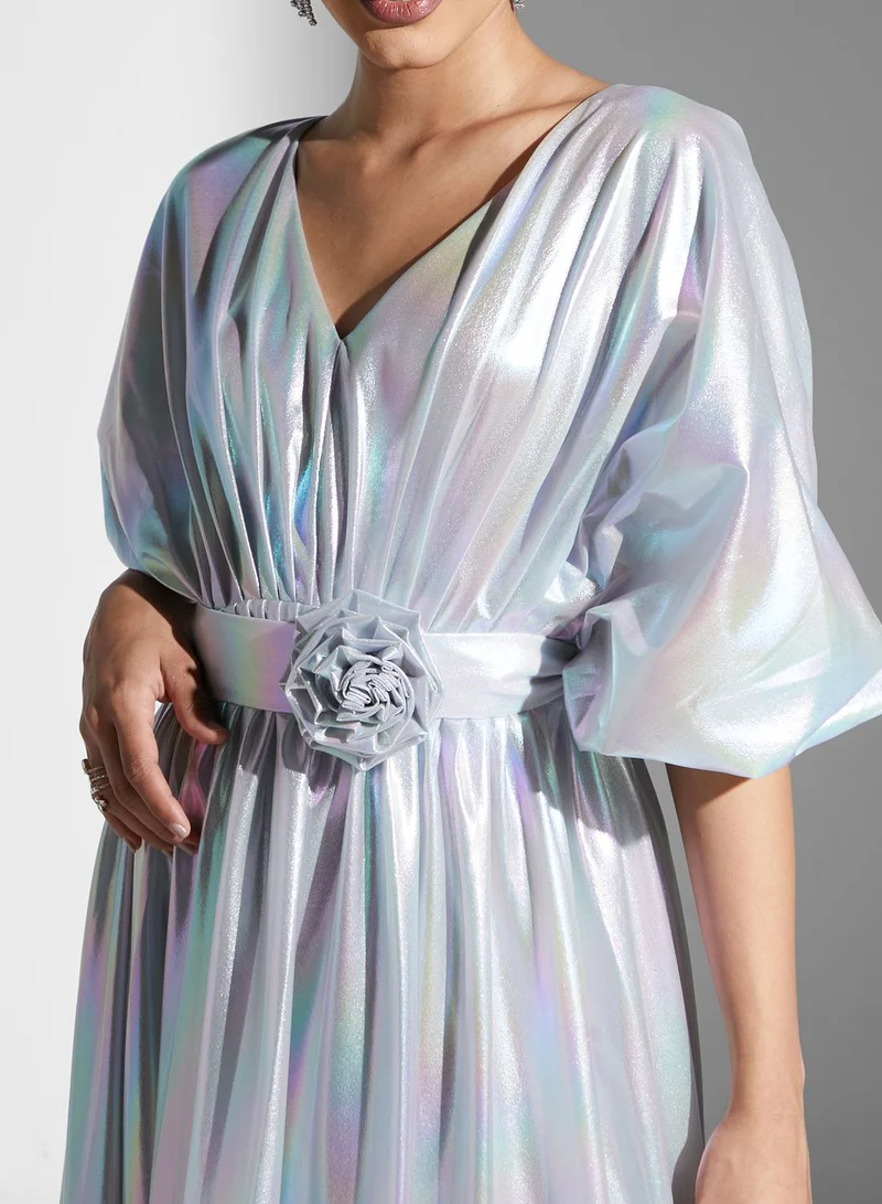 Golden Apple Floral Belted Cape Sleeve Dress