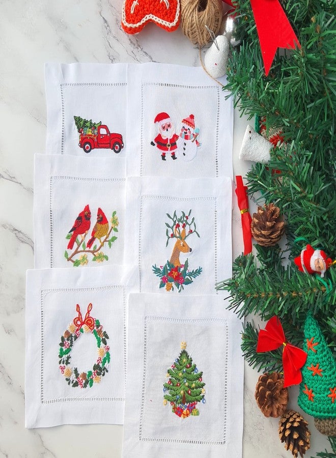 HCRAFT Embroidered White Cocktail Napkins, Set of 6 Cloth Napkin Coasters for Christmas Parties, Ladder Hemstitch - Image 4