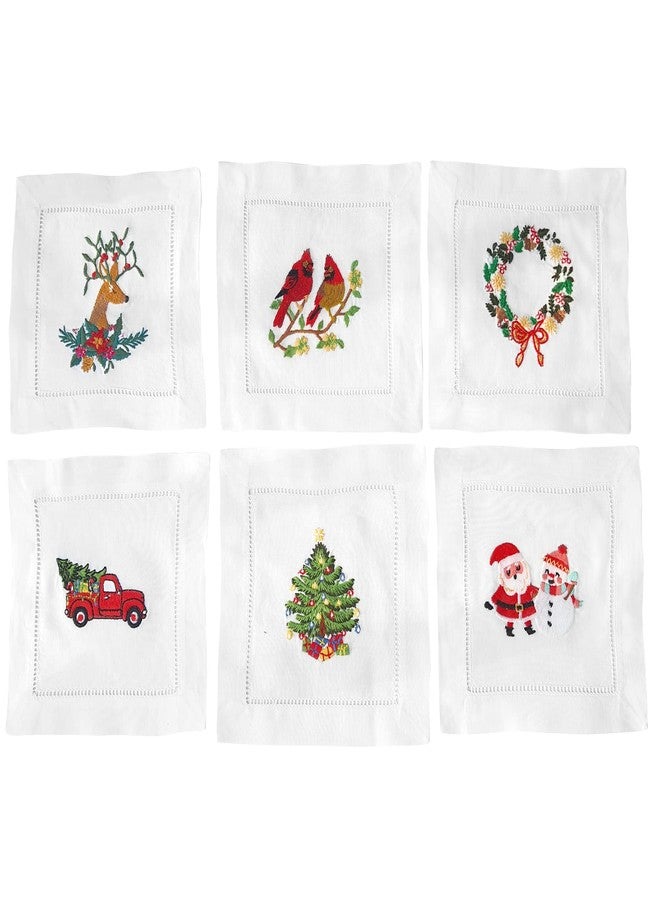 HCRAFT Embroidered White Cocktail Napkins, Set of 6 Cloth Napkin Coasters for Christmas Parties, Ladder Hemstitch - Image 1