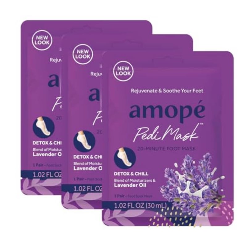 Amope AmopÃ© PediMask 20-Minute Foot Mask, Intensely Moisturizing Socks, Rejuvenates & Soothes, Self-Care, w/ Lavender Oil, Urea, a Blend of Moisturizers & Vitamin Complex for Long Lasting Hydration, 3 pair - Image 1