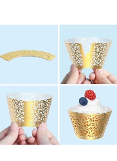 KASTWAVE Pearl Lace Filigree Wedding Cupcake 50 Pack Wrapper Baking Cake Cups Wraps Party Bridal Shower Supplies Engagement Decorations Laser Cut Bright Gold  - Image 2