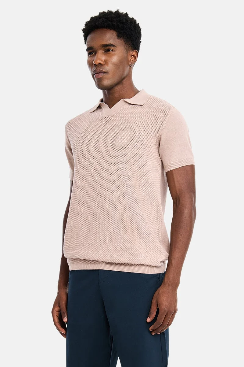 SNITCH Light Pink Textured Half Sleeve Regular Fit Vacation T-Shirt