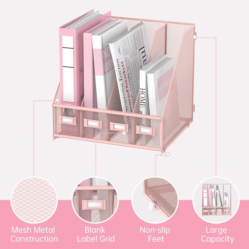 SUPEASY Magazine File Holder Desk Organiser, Metal Binder Holder with 4 Vertical Compartments for Office, Home, School, Pink - Image 4
