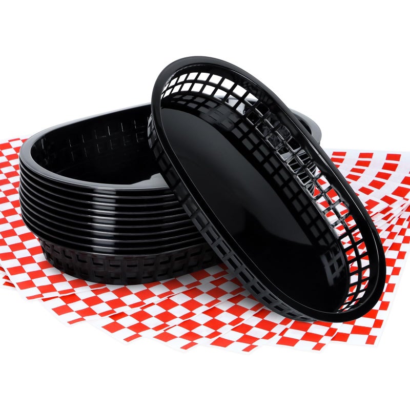 Hslife Plastic Food Baskets with Liners120 Sheets Red Checkered Deli Paper Liners and 12 Black Fast Food Basket Bulk Classic Reusable Baskets with Waxed Paper Plate Liners