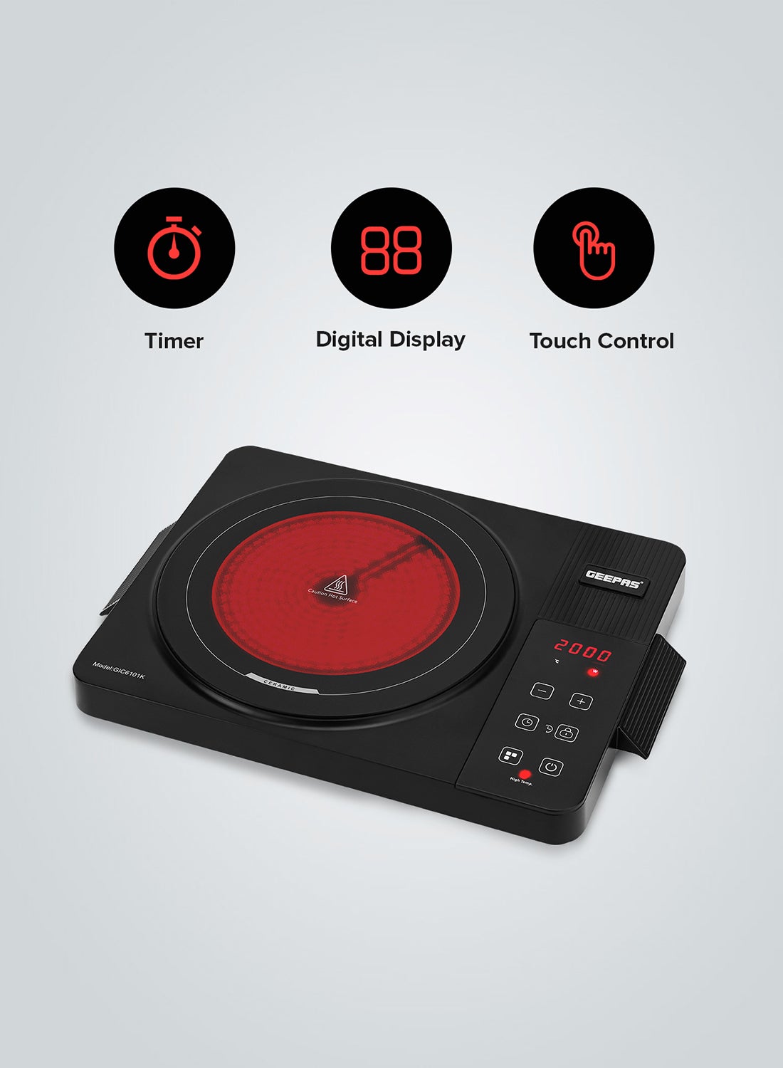 Digital Infrared Cooker Infrared Burner-GIC6101, With 10 Level Adjustable Temperature, Single Cooking Hob With Button Control, Multi Functions Include Hot Pot, Fry, Stir Fry, BBQ, Soup, Water, Warm 2200 W GIC6101K Black