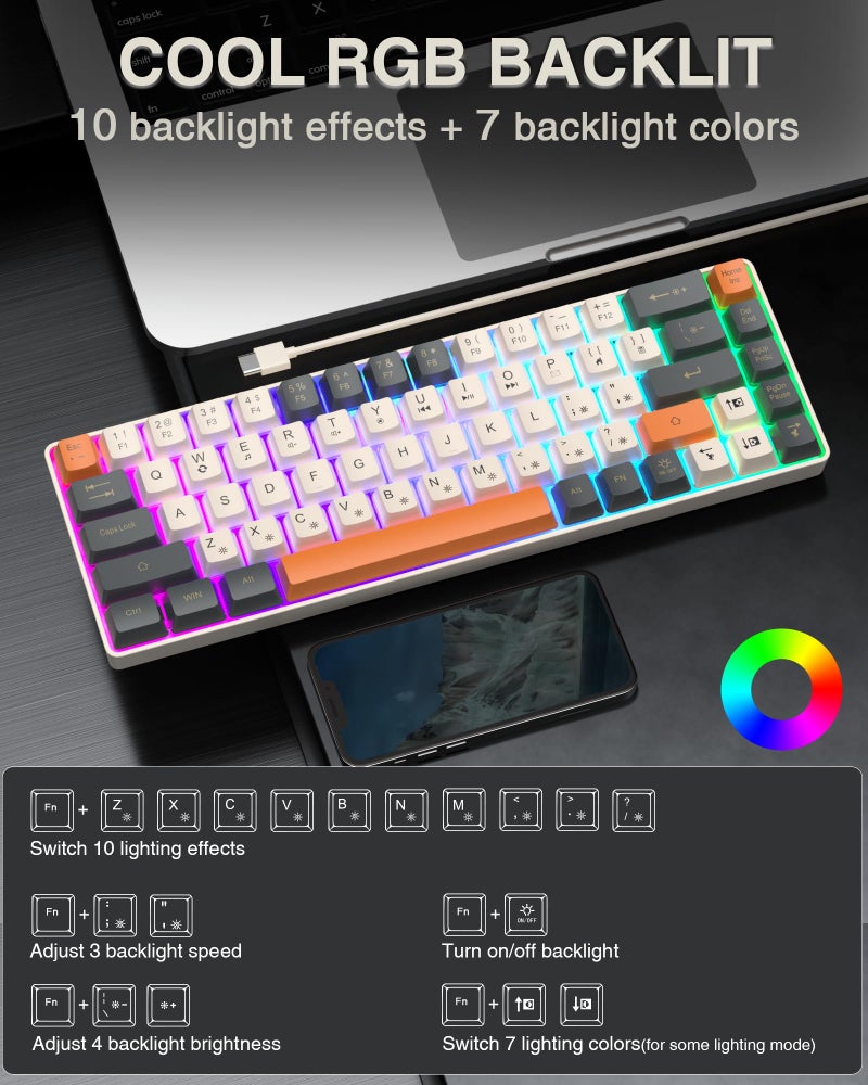 CORBOBO 60 Percent Keyboard,RGB Backlit Gaming Keyboard USB-C Wired,Portable 68 Keys Compact Mini Keyboards for Business Trips,Office,PC Games (SK968,Grey&Orange) - Image 2