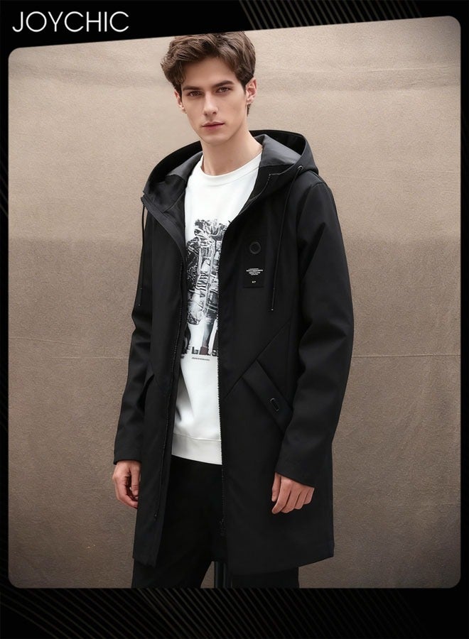 Joychic Casual Hooded Spring and Autumn Outdoor Warm Windproof Mid Length Trench Coat for Men Black - Image 1