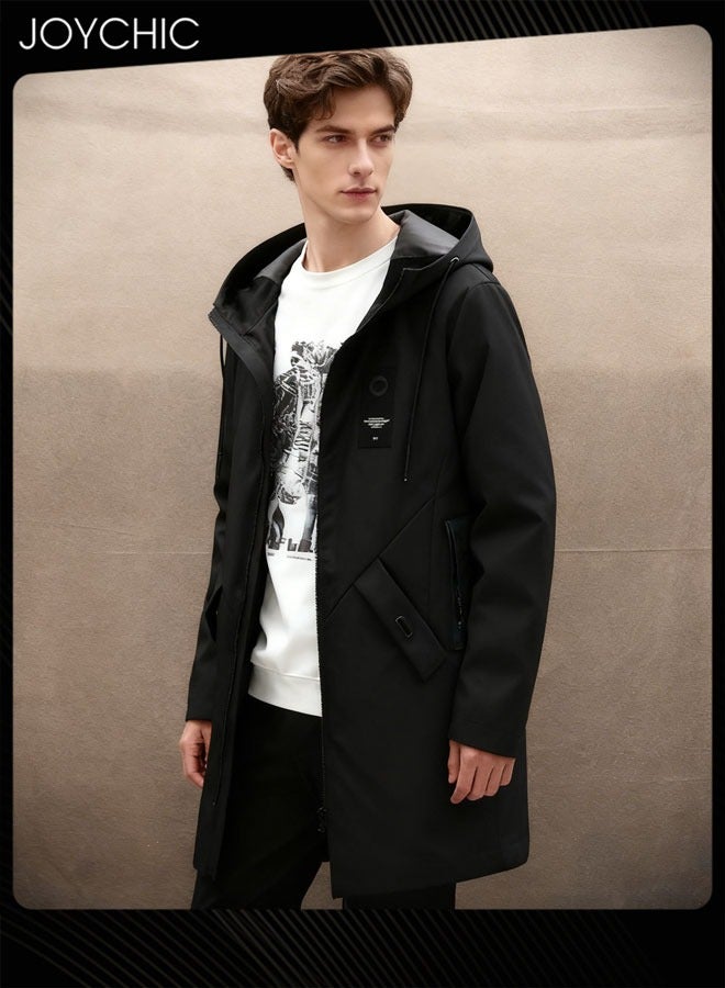Joychic Casual Hooded Spring and Autumn Outdoor Warm Windproof Mid Length Trench Coat for Men Black - Image 2