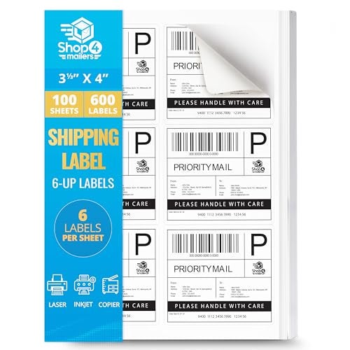 Shop4Mailers 6-Up White Permanent Self Adhesive Shipping Labels 3 1/3” x 4” Easy Peel Stickers for Laser & Inkjet Printers - 100 Sheets - 600 Count Labels - Image 1