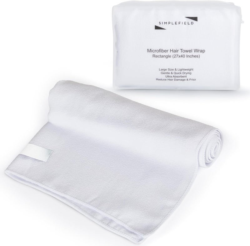 Large Microfiber Hair Towel Wrap for Women (27x40 Inches). Anti Frizz Rectangle Drying Towel with Elastic Band for Long, Curly, and Thick Hair. Includes Reusable Carry Bag (Bright White)