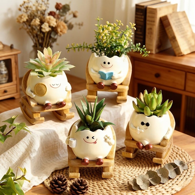 Adorable Joyful Face Plant Resin Potted Planter Various Pose Flowerpot Decorative Ornament Home Garden Succulent Planter Creative Courtyard Balcony Decoration Joyful Face Rocking Chair Planter Reading - Image 1