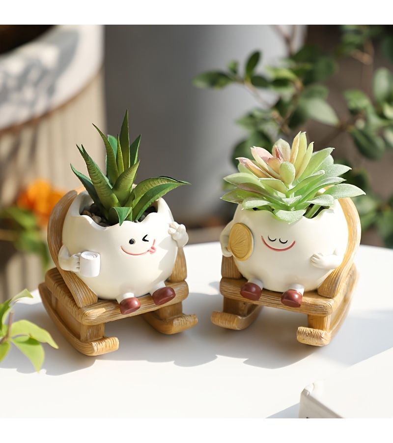 Adorable Joyful Face Plant Resin Potted Planter Various Pose Flowerpot Decorative Ornament Home Garden Succulent Planter Creative Courtyard Balcony Decoration Joyful Face Rocking Chair Planter Reading - Image 3