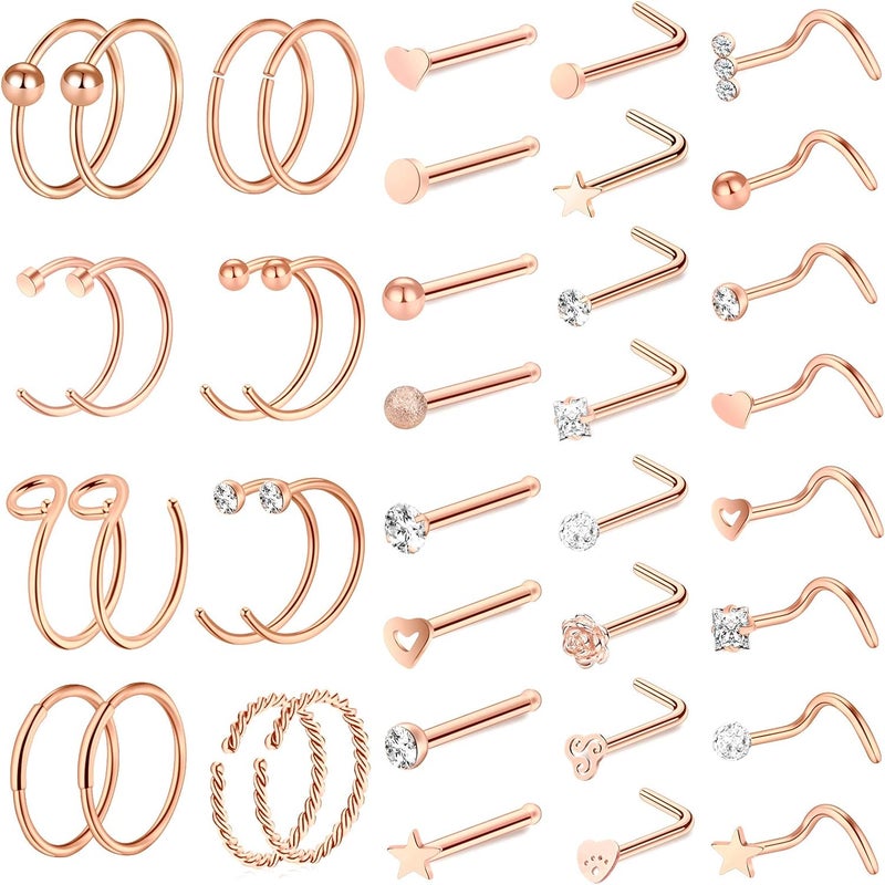 ONESING 35-70 PCS 18G 20G Nose Rings for Women & Men - Gold Hoops, L Shape, Studs & Screw - 316L Surgical Stainless Steel - Image 1