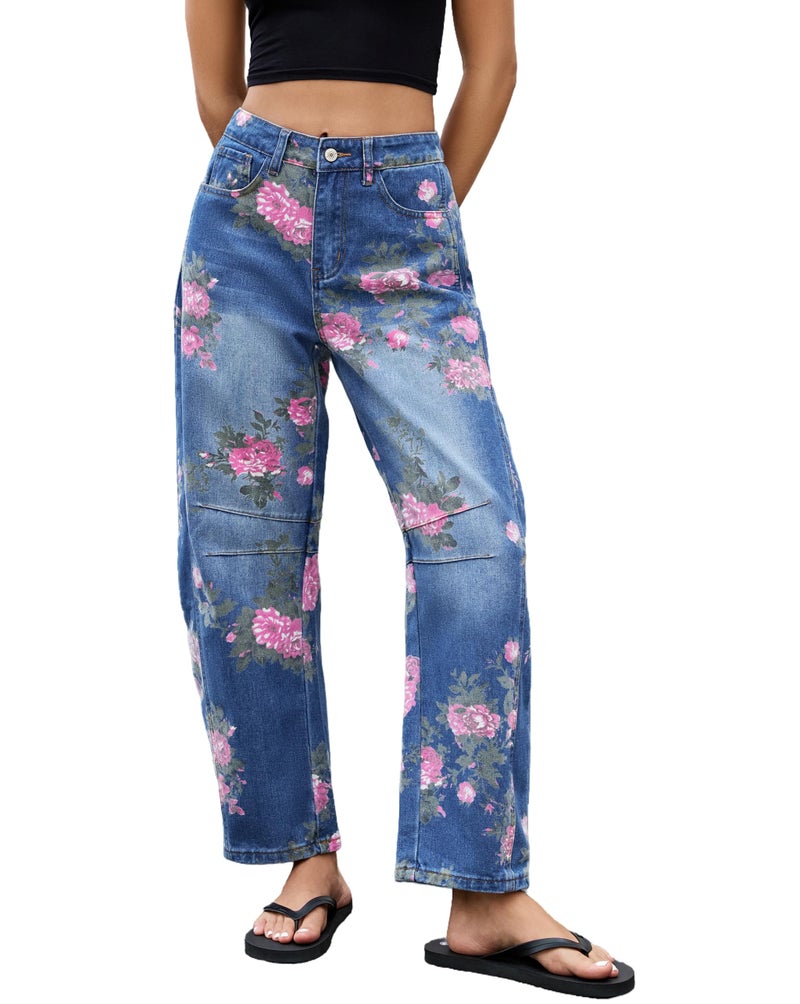 Kedera Women's Baggy Barrel Jeans Boyfriend Floral Printed Stitch Detail Mid Waist Barrel Leg Denim Ankle Pants - Image 1