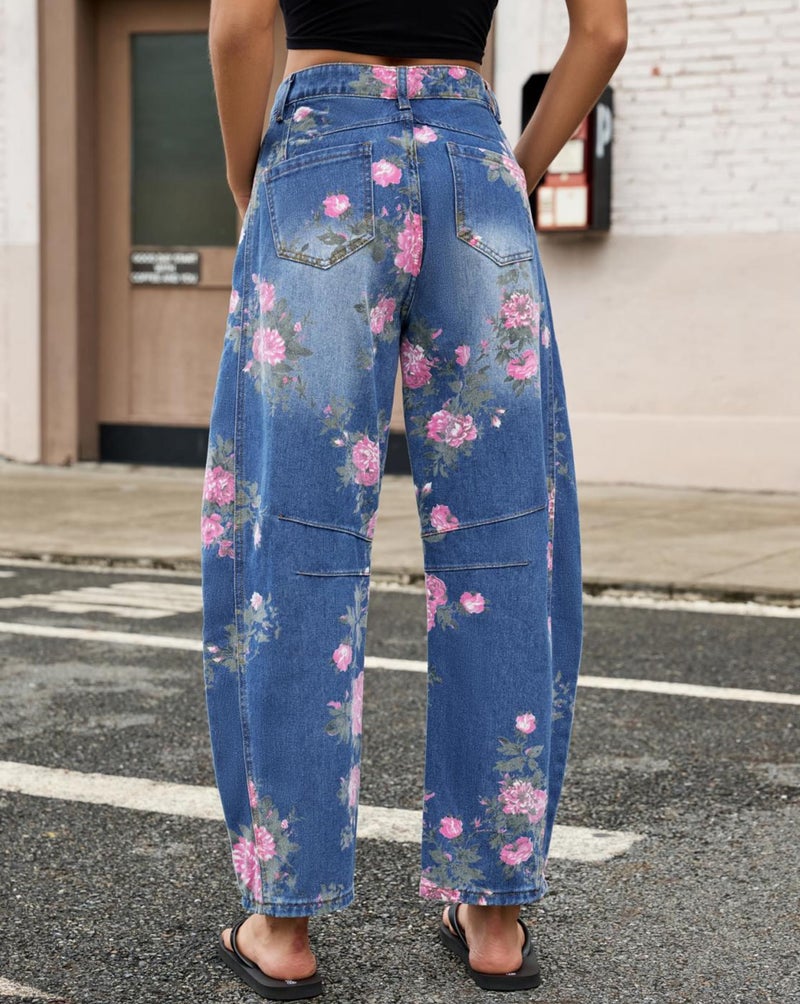 Kedera Women's Baggy Barrel Jeans Boyfriend Floral Printed Stitch Detail Mid Waist Barrel Leg Denim Ankle Pants - Image 5