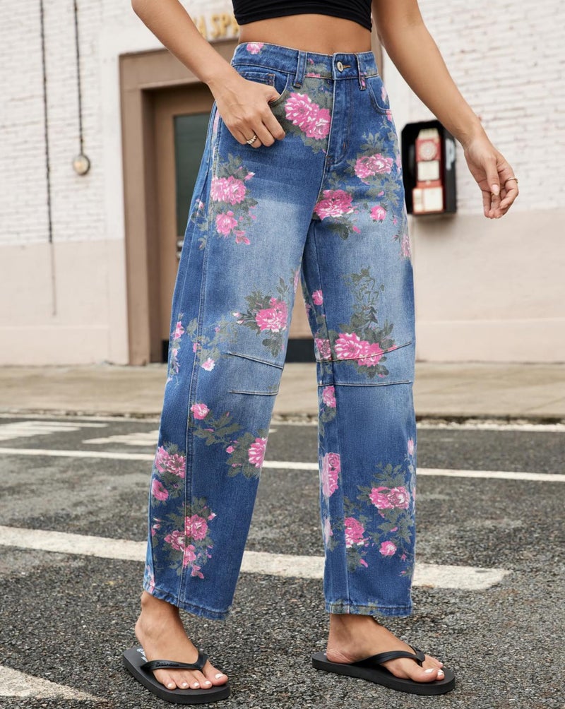 Kedera Women's Baggy Barrel Jeans Boyfriend Floral Printed Stitch Detail Mid Waist Barrel Leg Denim Ankle Pants - Image 2