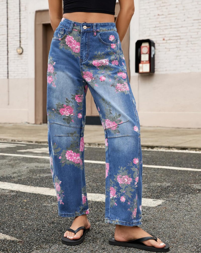 Kedera Women's Baggy Barrel Jeans Boyfriend Floral Printed Stitch Detail Mid Waist Barrel Leg Denim Ankle Pants - Image 4