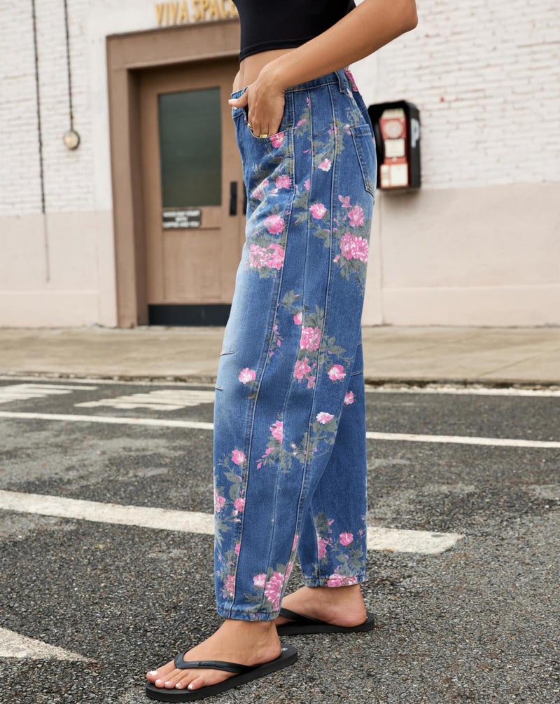 Kedera Women's Baggy Barrel Jeans Boyfriend Floral Printed Stitch Detail Mid Waist Barrel Leg Denim Ankle Pants - Image 3
