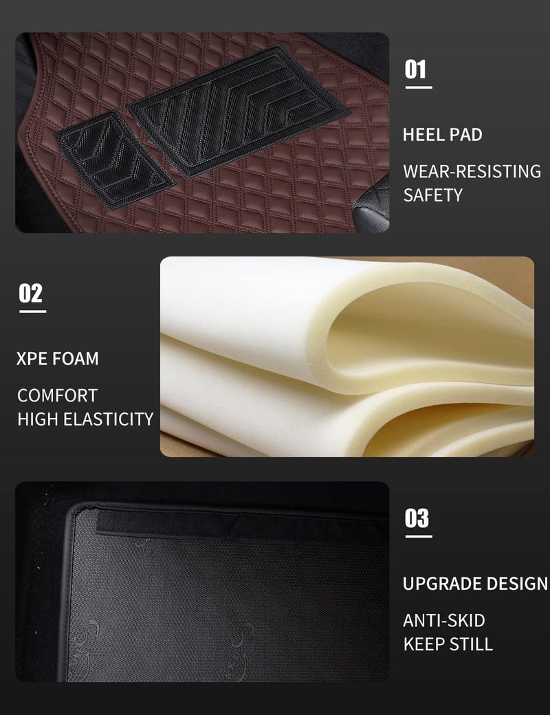 Diamond Pattern Luxury Universal All-Season Heavy-Duty Faux Leather Red Car Floor Mats Design Anti-Skid/Slip Backing (Brown) - Image 4