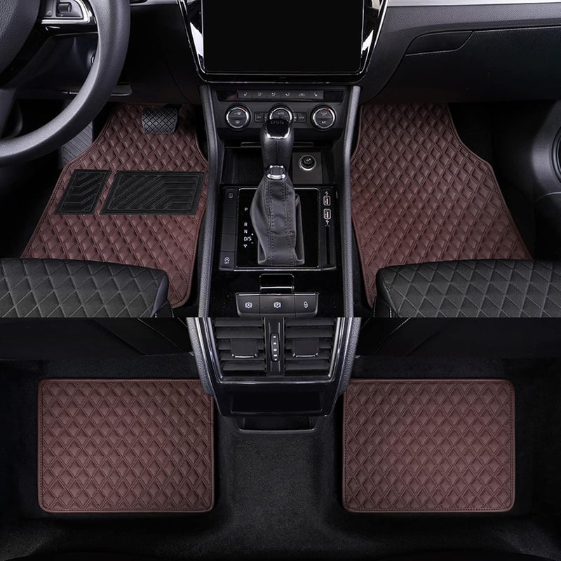 Diamond Pattern Luxury Universal All-Season Heavy-Duty Faux Leather Red Car Floor Mats Design Anti-Skid/Slip Backing (Brown) - Image 1