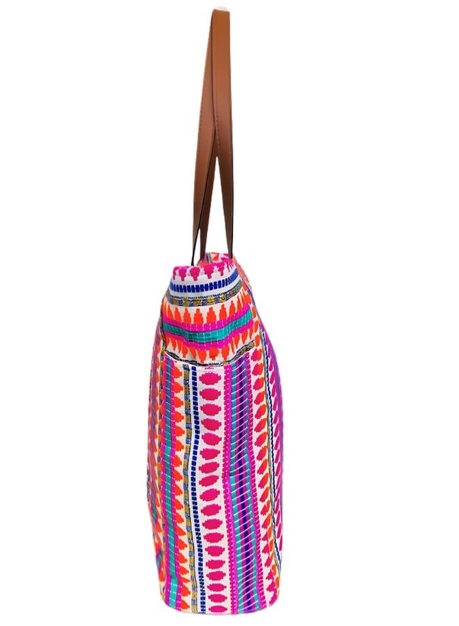 ENSAC Premium Cotton Tote Bag for Women, Stylish Handbag for women with Zip Closure | Fit for Office Bag, College, Travel Use | Handcrafted in India (Cutwork-tote-big) (Orange) - Image 3