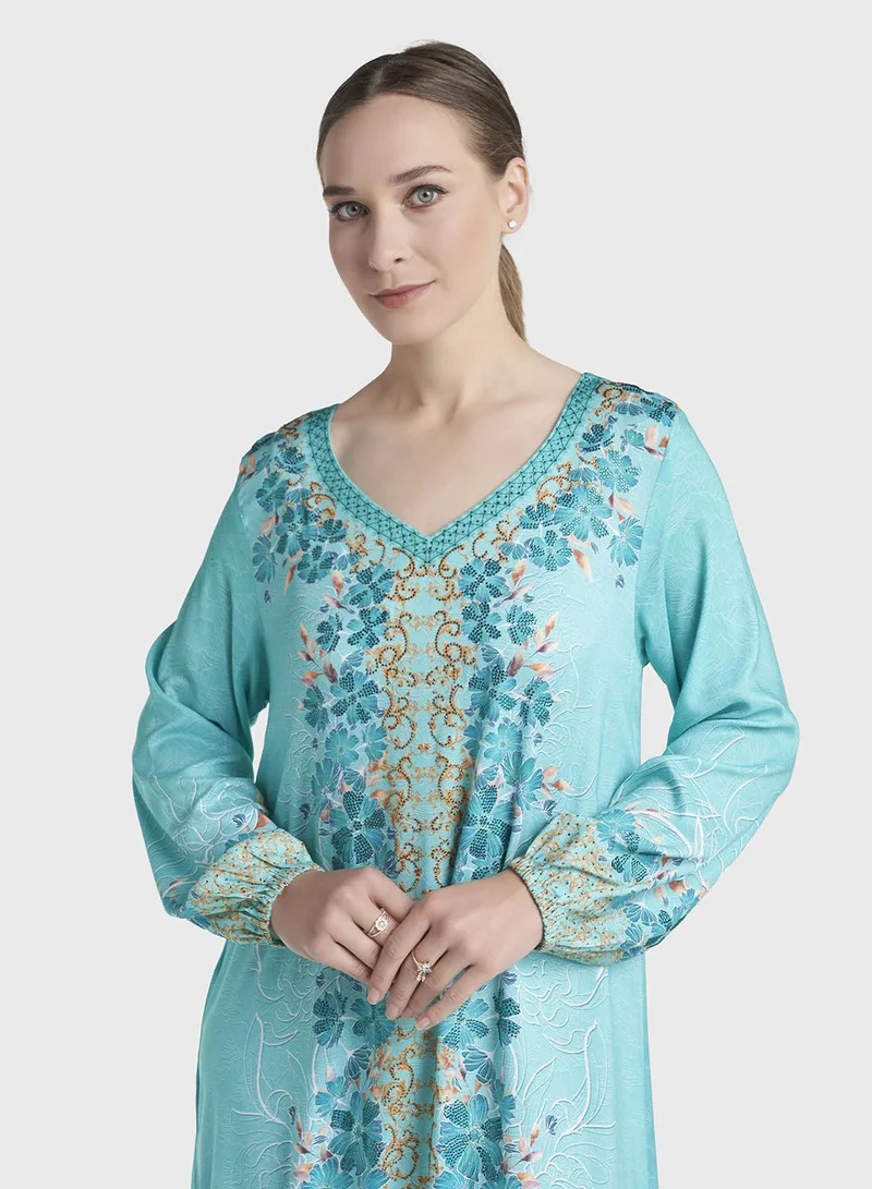 كشخة Aqua Green Colour Stone Work Rayon Leaf Printed Jalabiya (VDC07)
