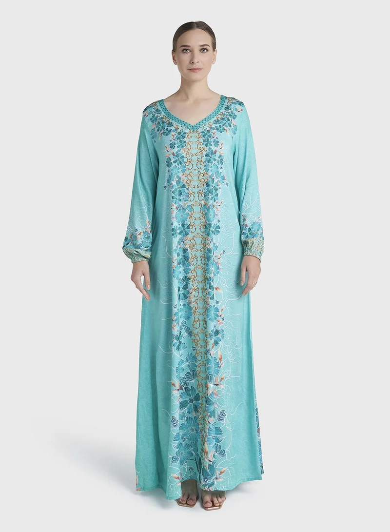 كشخة Aqua Green Colour Stone Work Rayon Leaf Printed Jalabiya (VDC07)