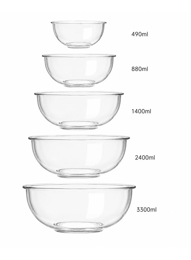 NKX Clear Glass Mixing Bowls Set of 5 | 490ml 880ml 1400ml 2400ml 3300ml | Borosilicate Glass Salad Bowls for Kitchen | Microwave Dishwasher Oven Safe | Nesting Serving Bowls for Cooking Baking Prepping - Image 2