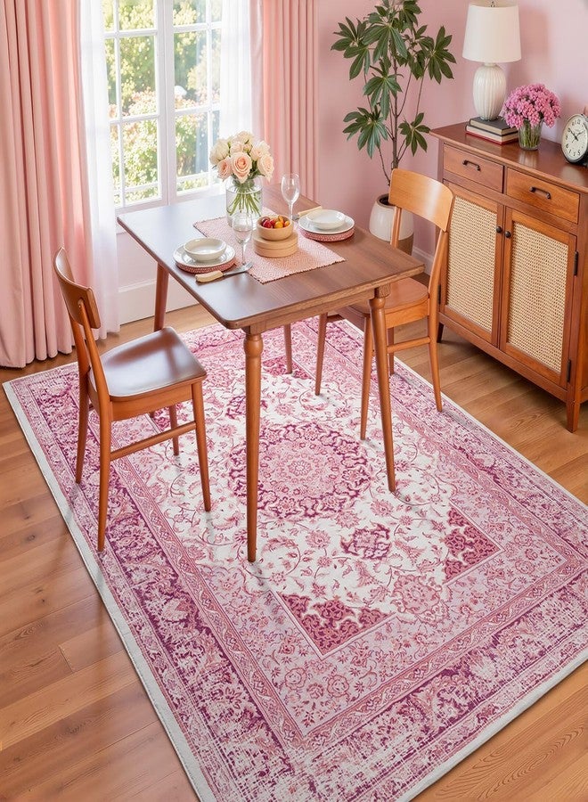 Macgace Bright Pink Area Rug for Girls Bedroom, 3x5 Soft Washable Rugs with Non-Slip Backing for Living Room, Cute Vintage Carpet for Kitchen Laundry Kids Room Decor - Image 3