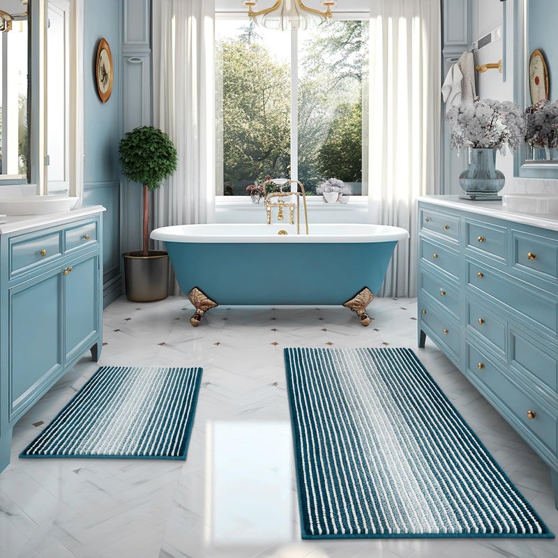 BSICPRO Bathroom Rugs Sets  2 Piece Thick Absorbent Chenille  Non Slip  Soft Shaggy Bath Room Floor Mats  Machine Washable (20"" x 47"" Plus 16"" x 24""  Teal) - Image 1