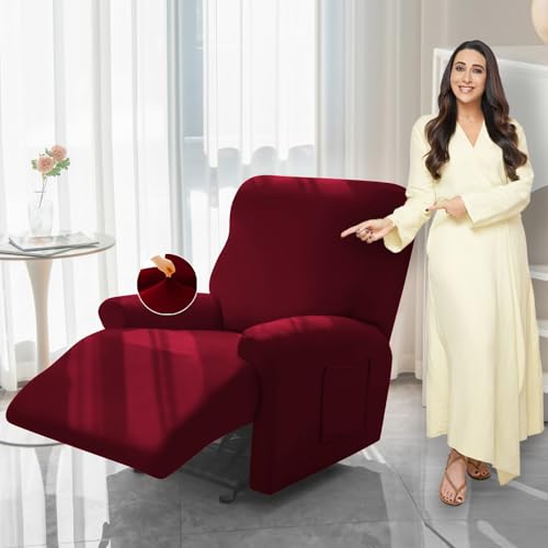 HOKIPO 'SereneSolids' 140 GSM 4-Pieces Super Stretch Recliner Chair Cover 1 Seater Fully Covered Washable Furniture Protector, Burgundy (AR-4740-BRGN) - Image 1