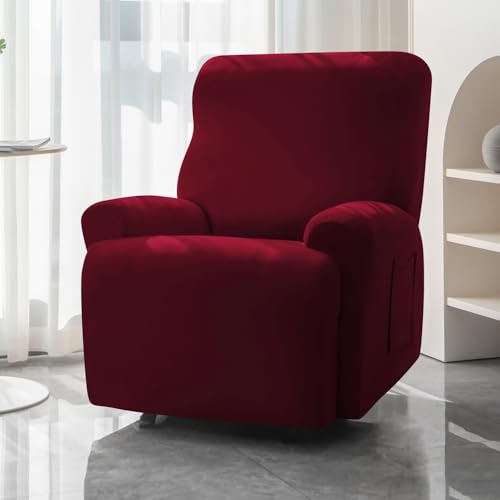 HOKIPO 'SereneSolids' 140 GSM 4-Pieces Super Stretch Recliner Chair Cover 1 Seater Fully Covered Washable Furniture Protector, Burgundy (AR-4740-BRGN) - Image 2