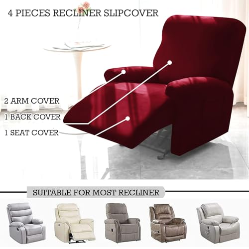 HOKIPO 'SereneSolids' 140 GSM 4-Pieces Super Stretch Recliner Chair Cover 1 Seater Fully Covered Washable Furniture Protector, Burgundy (AR-4740-BRGN) - Image 3