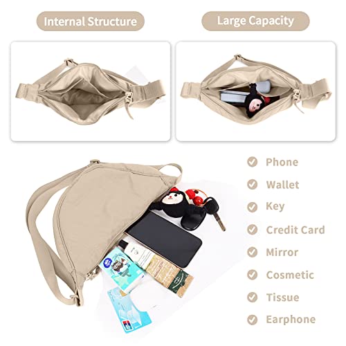 EVGLOW Nylon Crescent Crossbody Bag for Women Purses Trendy Men,Small Travel Sling Bag Hobo,Lightweight Fanny Pack with Zipper Adjustable Strap,Round Soft Shoulder Pouch Bag for Everyday Use Sport(Beige) - Image 4