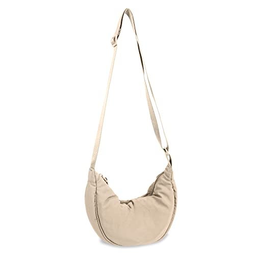 EVGLOW Nylon Crescent Crossbody Bag for Women Purses Trendy Men,Small Travel Sling Bag Hobo,Lightweight Fanny Pack with Zipper Adjustable Strap,Round Soft Shoulder Pouch Bag for Everyday Use Sport(Beige) - Image 1