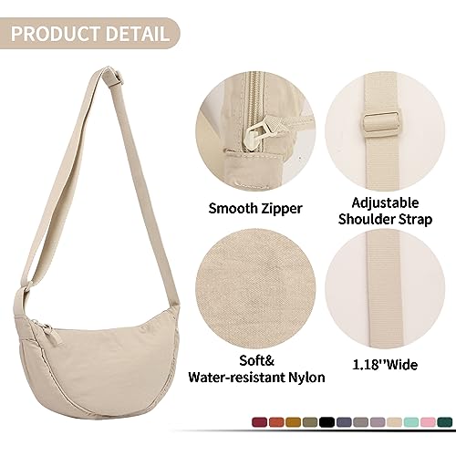 EVGLOW Nylon Crescent Crossbody Bag for Women Purses Trendy Men,Small Travel Sling Bag Hobo,Lightweight Fanny Pack with Zipper Adjustable Strap,Round Soft Shoulder Pouch Bag for Everyday Use Sport(Beige) - Image 3