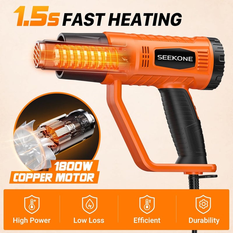 SEEKONE Heat Gun 1800W Heavy Duty Fast Heat Hot Air Gun Kit with 752℉&1112℉（400℃-600℃） Dual-Temperature Settings and 4 Nozzles with Overheat Protection for Crafts, Shrinking PVC, Stripping Paint - Image 2